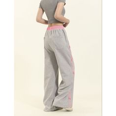 Retro Bow Sweatpants Fabric: 72%Cotton+28%Polyester Size: S, M, L, XL, Multiple Color Selections: Blue, Gray  Season: Spring, Fall, Winter Gray Straight Leg Bottoms For Leisure, Sporty Wide Leg Cotton Bottoms, Casual Pink Pants With Ribbed Waistband, Gray High-waist Bottoms For Loungewear, Sporty High-waisted Cotton Bottoms, High Waist Relaxed Fit Leisure Bottoms, Casual Grey Wide-leg Bottoms, Full Length Leisure Bottoms With Pockets, Sporty High Waist Leisure Bottoms