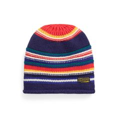 Knit with a blend that includes cotton and wool this rolled-cuff beanie features a variety of stitches to create colorful textured stripes. Ralph Lauren Beanie, Ralph Lauren Hats, Bear Shop, Striped Beanies, Favorite Things Gift, Beanie Hats, Hats For Men, Wool Blend, Accessories Hats