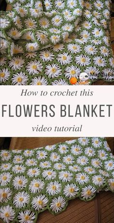 a crocheted blanket with daisies on it and the words how to crochet this flowers blanket video tutor