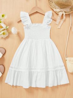 Young Girl Flying Sleeves Shirred Dress White Cute  Sleeveless Fabric Plain A Line Medium Stretch  Young Girls Clothing, size features are:Bust: ,Length: ,Sleeve Length: Kids White Dress, River Outfit, Kid Dress, White Dresses Graduation, Simple White Dress, Patchwork Fashion, Graduation Nails, Shirred Dress, Old Dresses