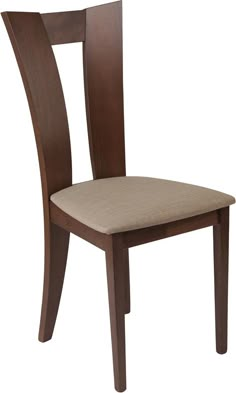 a wooden chair with a beige seat cushion on it's back end and side