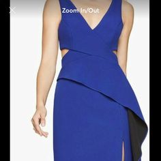 Authentic Cocktail Dress From Bcbg Maxazria Blue Cutout Midi Dress For Party, Elegant Blue Dress With Cutout, Elegant Blue Cutout Dress, Fitted Blue Midi Dress With Cutout, Blue Cutout Dress For Date Night, Dandelion Dress, White Sweater Dress, One Sleeve Dress, Handkerchief Hem Dress