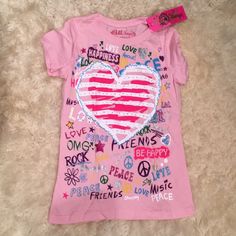 Nwt Children’s T Shirt Pink Heart Graphic Short Sleeve T-shirt, Pink Cotton T-shirt With Heart Graphic, Spring Cotton Tops With Character Print, Pink Fun Top With Text Print, Pink Short Sleeve Shirt With Character Print, Pink Cotton Fun T-shirt, Pink Fun Cotton T-shirt, Fun Pink Shirt With Text Print, Fun Pink Cotton T-shirt