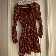 Never Worn!!! Red Dress With Long Sleeves, Ties In The Front. In Perfect Condition! Casual Burgundy V-neck Mini Dress, Casual Burgundy Mini Dress For Spring, Casual Burgundy Dress For Date Night, Red Dress With Long Sleeves, American Eagle Dress, Dress With Long Sleeves, Red Dress, American Eagle Outfitters, American Eagle