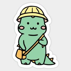 a sticker with an image of a dinosaur wearing a hat and holding a shovel