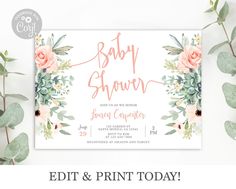 baby shower card with pink roses and succulents on the front, next to eucalyptus