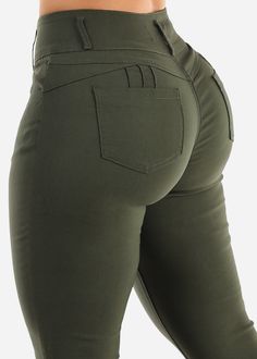 Olive Color Available in other colors. Butt lifting design. Belt loops. Solid. Skinny. Zip up 3 button closure . Classic 5 functional pocket design. Stretchy Material made from 65% Cotton, 30% Nylon, 5% Spandex Machine wash cold; Tumble dry low Rise approx 10''. Inseam is 31''. Leg opening is 8". High Waist. Imported Measured from and model wearing size Small SKU: 10229N_TD026OLV Jeans High Waist, Dress Appropriately, Olive Color, New Wardrobe, Pocket Design, High Jeans, Elegant Fashion, Bottoms Pants, High Waist Jeans