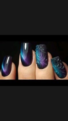 Lore Olympus Nails, Pirate Nails Design, Ursula Nails, Glitzy Nails, Rockabilly Nails, Black And Purple Nails, Teal Nail Designs, Purple Ombre Nails, Maleficent Costume