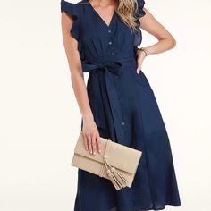 -Navy Blue Button-Up Midi Dress -Medium-Weight Woven Fabric -V-Neckline And Pleated W/ Ruffle Trim Detail -Midi Length A-Line Skirt W/ Roomy Patch Pockets Blue Dress With Button Closure For Brunch, Blue Dress With Button Closure For Date Night, Navy Summer Dress With Button Closure, Elegant Navy Button-up Dress, Elegant Navy Midi Dress With Buttons, Navy Buttoned Midi Dress For Spring, Navy Midi Dress With Buttons For Spring, Navy Buttoned Dresses For Spring, Navy Buttoned Dress For Spring