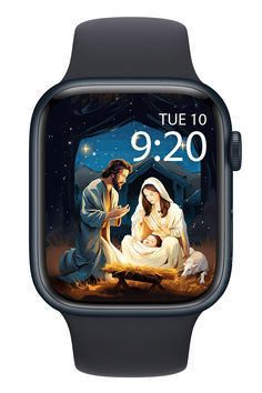 White Apple Watch with religious wallpaper with Christmas-themed nativity scene with Joseph, Maria, and baby Jesus Religious Christmas Wallpaper, Watch Wallpapers, Christmas Watches, Apple Watch Face, Wallpaper Winter, Watch Wallpaper, Apple Watch Wallpaper, Religious Christmas, Apple Watch Faces