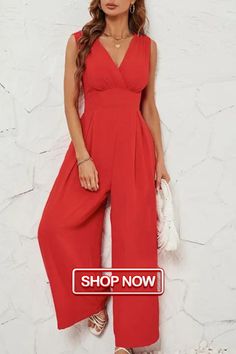 Women's Solid Color Fashion Sleeveless V-neck Wide-leg Jumpsuit Fitted V-neck Jumpsuits And Rompers For Summer, Spring Strapless V-neck Jumpsuit For Party, Spring Party Strapless Jumpsuit With V-neck, Red Sleeveless Jumpsuits And Rompers, Summer Solid V-neck Jumpsuits And Rompers, Chic Strapless V-neck Jumpsuit For Summer, Elegant Strapless V-neck Jumpsuit For Summer, Solid Color V-neck Jumpsuits And Rompers For Spring, V-neck Solid Color Jumpsuits And Rompers For Spring