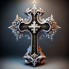 an ornate silver and black cross on a dark background