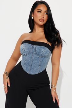 Available In Black/combo. Jumpsuit Strapless Denim Combo Wide Leg Hidden Side Zipper Stretch Self: 70% Cotton 27% Polyester 3% Spandex Contrast: 95% Polyester 5% Spandex Imported | Dixie Jumpsuit in Black size 3X by Fashion Nova Spring Summer Dress, Black Jumpsuit, Winter Dresses, Fall Dresses, Simple Outfits, Side Zipper, Jumpsuit Dress, Fashion Nova, Jumpsuit Romper