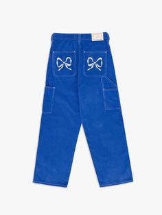 Dylan Pant - Cobalt/Bows – Lisa Says Gah Blue Wide Leg Pants With Contrast Stitching, Blue Wide-leg Pants With Contrast Stitching, Spring Blue Pants With Contrast Stitching, Blue Pants With Contrast Stitching For Spring, Blue Pants With Contrast Stitching, Blue Cotton Bottoms With Contrast Stitching, Blue Cotton Cargo Pants With Five Pockets, Corduroy Carpenter Pants, Bow Embroidery