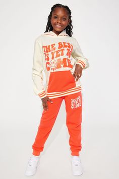 Available In Orange/combo. Long Sleeve Pullover Fleece Set Hooded 'The Best Is Yet To Come" Verbiage Elastic Waistband Full Stretch 100% Polyester Model Wears Size 10/12 Imported | Mini The Best Is Yet To Come Fleece Set in Orange size 6/6X by Fashion Nova Pullover Fleece, The Best Is Yet To Come, Kids Set, Yet To Come, Long Sleeve Pullover, Matching Sets, Fashion Nova, Size 4, Size 7