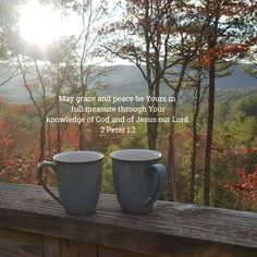 two coffee mugs sitting on top of a wooden deck with trees in the background