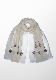 Woven from a very fine cashmere, this elegant ivory scarf is elevated by a hand-embroidered earings design in metallic beads from both ends. Incredibly stylish and comfortably warm for year-round wear, this scarf can be styled in many eye-catching ways, especially as an exclusive accessory to a wedding gown. Elegant Cream Dupatta With Pearl Embroidery, Elegant Embroidered Scarves For Festive Occasions, Elegant Cream Scarves For Festive Season, Elegant Winter Festive Scarves, Elegant Festive Scarves With Embroidered Border, Elegant Embellished Cream Dupatta, Elegant Off White Dupatta With Embroidered Border, Elegant Cream Embroidered Shawl, Elegant Cream Shawl For Festive Season