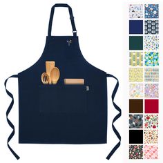 a blue apron with wooden utensils on it