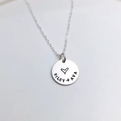 "Personalized Anniversary Necklace Valentine's Gift for Wife, Forever Necklace, Initials Necklace, Valentine's Day Gift for Her One 5/8\" sterling silver disc is personalized with the names of your choice, with a beautiful heart. It hangs from a dainty sterling silver cable chain. * choose your length from the drop down box. It comes ready for gift giving in a cute kraft paper box tied with a ribbon." Minimalist Hand Stamped Jewelry For Anniversary Gift, Personalized Sterling Silver Jewelry For Anniversary, Nickel-free Jewelry For Anniversary Gift, Stainless Steel Jewelry For Anniversary, Mother's Day Gift, Personalized Dainty Round Heart Necklace, Personalized Round Dainty Heart Necklace, Meaningful Sterling Silver Necklaces For Birthdays, Stamped Pendant Necklace For Valentine's Day, Stamped Pendant Necklaces For Valentine's Day