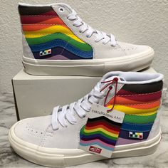 These Sneakers Are New And Comes From A Smoke Free Home Rainbow Custom Sneakers For Streetwear, Rainbow High-top Sneakers With Rubber Sole, Rainbow Slip-on Casual Sneakers, Custom White Slip-on Vans Sneakers, Casual Custom Rainbow Lace-up Sneakers, Casual Rainbow Slip-on Sneakers, Casual Rainbow Lace-up Custom Sneakers, Vans High-top Multicolor Sneakers, Custom White Casual Vans Sneakers