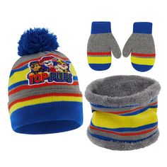 When the temperature dips, he’ll be ready in style with this Nickelodeon Hat, Scarf and Glove/Mitten set. Featuring the favorite pups: 'Marshall, Chase, and Rubble'. Soft and stylish, his cold-weather gear has never looked this cool. Available in your choice of two sizes. Winter Hats For Playtime, Playful Blue Winter Beanie, Fun Winter Hats For Playtime, Paw Patrol Pattern, Toddler Winter Hat, Grey Mittens, Boys Winter Hats, Toddler Gloves, Paw Patrol Marshall