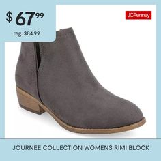 Show off a trend-setting look with split ankle booties by Journee Collection. Soft faux suede uppers rise to the ankles and highlight chic side split detail. Top-stitching and faux woodgrain stacked block heels complete the design.Features: Lightweight, ComfortClosure Type: Pull OnBoot Shaft Height: 5 InchesShoe Heel Height: 1 1/2 InchesUpper/Outer Base Material: 100% PolyuretheneShoe Lining Material: SyntheticSole Material Content: 100% PolyurethaneCalf Width: RegularToe Type: Closed Toe, Roun… Round Toe Heels, Journee Collection, Side Split, Top Stitching, Ankle Booties, Faux Suede, Design Features, Block Heels, Bootie Boots