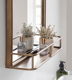 two planters sitting on top of a metal shelf in front of a bathroom mirror