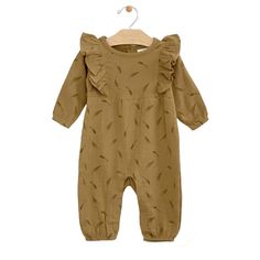 City Mouse Crinkle Cotton Flutter Long Romper - Wheat Brown Mary Janes, Crinkle Cotton, Long Romper, Cotton Romper, Knit Beanie Hat, New Launch, Baby Long Sleeve, Sleeve Detail, Best Brand