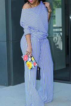 Color: Blue, Size: L Outfit Retro, Striped Two Piece, Baby Tees Y2k, Y2k Baby Tee, Trendy Summer Outfits, Casual Stripes, Collar Blouse, Striped Blouse, Grunge Fashion