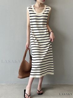 Lasaky - Sleeveless Striped Maxi Dress with Loose Knit Vest - Elegant Style Dress Collar, Striped Maxi Dress, Tank Top Dress, Loose Knit, Striped Maxi, U Neck, Knit Vest, Types Of Skirts, Collar Dress