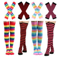 PRICES MAY VARY. 4/2 Sets Included: 4/2 Pairs Striped Knee High Socks + 4/2 Pairs Long Fingerless Gloves, 4 different bright colors to match your different occasions, not only fit most festival costumes and casual wear, but also make you more charming the crowd easily Comfy Material: Our striped arm warmer and leg warmer set are made of premium polyester and acrylic material,soft and stretchy, lightweight and breathable, provide you with comfort and a great wearing experience during exercise Fit Knitted Arm Warmers, Knit Arm Warmers, Striped Thigh High Socks, Striped Knee High Socks, Striped Gloves, Long Fingerless Gloves, Leg Warmer, Festival Costumes, Over The Knee Socks