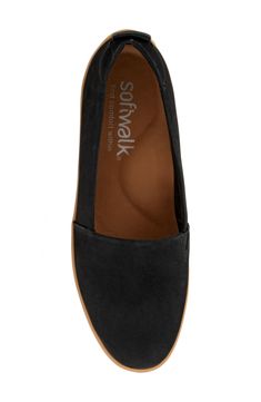 A streamlined silhouette adds timeless appeal to a versatile flat grounded by a cushioned footbed and durable rubber sole. Slip-on style with elastic gore inset Cushioned footbed with arch support Leather upper and lining/rubber sole Imported Black Flat Heel Slip-ons For Everyday, Modern Suede Slip-ons With Cushioned Footbed, Suede Ortholite Insole Slip-ons, Leather Slip-ons With Arch Support For Walking, Everyday Suede Slip-ons With Cushioned Footbed, Suede Slip-ons With Cushioned Footbed, Suede Slip-ons With Cushioned Footbed And Plain Toe, Leather Low-top Flats With Cushioned Footbed, Low-top Leather Flats With Cushioned Footbed