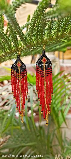 Tribal Earrings Native Large Boho American Seed Beads Handmade Earring Traditional Beaded Chandelier Earrings For Festive Occasions, Festive Teardrop Beaded Earrings With Dangling Beads, Black Bead Dangle Earrings For Festivals, Traditional Beaded Earrings With Round Beads, Black Beads Dangle Earrings For Festival, Bohemian Black Beads Drop Earrings, Black Beaded Dangle Earrings For Festivals, Traditional Red Earrings With Black Beads, Red And Black Beaded Festival Earrings