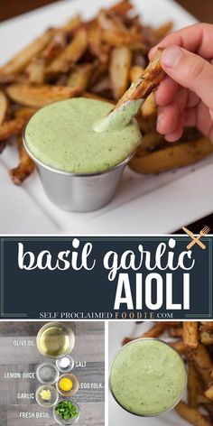 the recipe for basil garlic aioli is shown in this collage with pictures and text