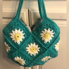 Handmade, Crocheted Purse. Crocheted With Acrylic Yarns. Lining Is Hand-Sewn. Yellow Casual Crochet Bag For Spring, Casual Yellow Crochet Bag For Spring, Yellow Crochet Tote Bag For Spring, Yellow Crochet Bag For Spring, Spring Yellow Crochet Bag, Green Crochet Bag For Spring, Spring Crochet Bag With Granny Square Design, Spring Crochet Bag With Granny Square For Daily Use, Spring Everyday Crochet Bag With Granny Square Design