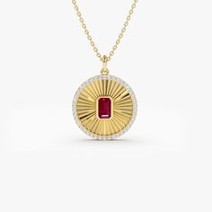 Ruby Necklace / 14k Gold Ruby and Diamond Ballerina Disc Medallion Necklace / Ruby and Diamond Charm Pendant July Birthstone / Push Present Ferko's Fine Jewelry Features * Made to Order * Gold Kt: 14K (also available in 18K) * Available Gold Color: Rose Gold, Yellow Gold, White Gold * The diameter of Disc: 17 MM * Emerald Cut Ruby: 1 pc 5 x 3 MM * Round Diamond: 42 pcs 1.1 MM  * Total Diamond CTW: 0.25 * Total Ruby CTW: 0.32 * Diamond Color-Clarity: G Color Si Clarity * Ready to Ship in 1-2 Busi Push Present, M Necklace, 3d Printed Jewelry, Ruby Necklace, Medallion Necklace, Ruby Jewelry, Diamond Charm, July Birthstone, I Love Jewelry