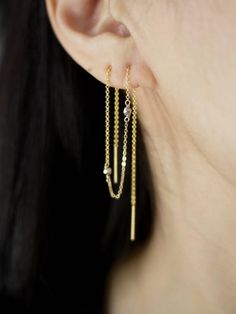 Double or single threader earring with pyrite, light chain, gold chain earring Delicate 14k Gold Filled Threader Earrings, Elegant Dangle Threader Earrings With Cable Chain, Elegant Earrings With Satellite Chain As Gift, Elegant Earrings With Satellite Chain For Gift, Gold Dangle Ear Climber Earring, Gold Dainty Threader Earrings For Party, Dainty Gold Threader Earrings For Party, Gold Linear Earrings With Pearl Chain For Party, Delicate Threader Earrings With Adjustable Chain For Everyday