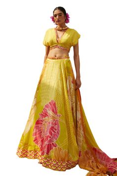 Yellow attached cancan lehenga with all over floral prints and beaded embroidery work. Paired with a padded blouse with scallop prints and tribal embellishments. Comes along with a printed dupatta. - Aza Fashions Cancan Lehenga, Lehenga Pattern, Neck Flower, Basil Leaf, Padded Blouse, Printed Dupatta, Leaf Flower, Satin Color, Leaf Flowers