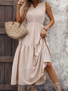 Sku CY-!162376 Material 95% Polyester , 5%Spandex Style Loose , A-line , Sleeveless , High Waisted Feature Buttoned , Pleated , Elasticity , Split-joint Neckline V-neck Occasion Casual , Simple Seasons Spring , Summer Type Midi Dresses Color APRICOT Size S,M,L,XL Please consult the size chart we provide for this item's measurements to help you decide which size to buy.Please note: There may be 1-3cm differ due to manual measurement.CMINCH Bust Shoulder Waist Length S 94 29 64 127 M 98 30 68 128 Beige A-line Maxi Dress, Beige Solid Color Midi Dress For Vacation, Polka Dots Outfit, Fuchsia Dress, Asymmetrical Blouse, Long Midi Dress, V Neck Midi Dress, Elegant Dresses For Women, Beige Dresses