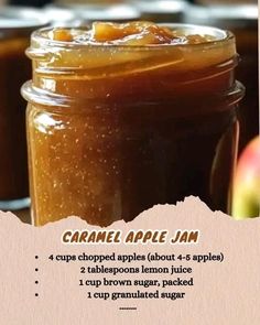 caramel apple jam recipe in a jar with instructions