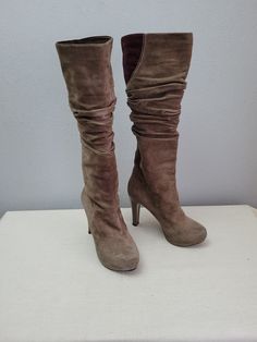 Vintage brown suede tall knee slouchy boots with creased, wrinkled design for women. Dark red patches on the back top. Platform pull on boots. Decorative wrinkled boots. Made in Italy. Lining - leather inside. condition: used, normal vintage condition. Some signs of use.   measurements: Heels height 11 cm / 4.3" in Outsole length 27 cm / 10.5"in total height with heel 51 cm / 19.9 in bootleg top circumference 38 cm / 14.8" in bottom sole width in widest place 7.5 cm / 2.9" in SIZE: EU 37 - label Women High Heels, Red Patch, Slouchy Boots, Slouched Boots, Pull On Boots, Vintage Brown, Womens High Heels, Brown Suede, Boot Shoes Women