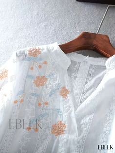 Ebeek - Exquisite Floral Embroidered V-Neck Blouse: A Sophisticated Choice for Spring & Summer, Womens Fashion Spring V-neck Blouse With Chikankari Embroidery, White V-neck Top With Intricate Embroidery, White V-neck Blouse With Intricate Embroidery, Summer V-neck Blouse With Chikankari Embroidery, White V-neck Blouse With Chikankari Embroidery, Feminine Embroidered V-neck Blouse, Elegant V-neck Blouse With Floral Embroidery, Floral Embroidered V-neck Top For Brunch, V-neck Tops With Floral Embroidery For Brunch