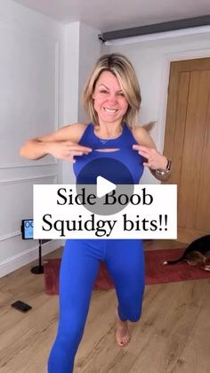 a woman standing in a room with her arms out and the words side boo squggy bits