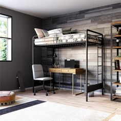 a loft bed sitting next to a desk in a room with gray walls and wooden flooring