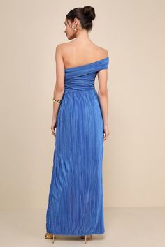 Poised Performance Blue Plisse One-Shoulder Maxi Dress Off-shoulder Pleated Midi Cocktail Dress, Off-shoulder Pleated Maxi Dress For Evening, Pleated Off-shoulder Maxi Dress For Evening, Spring Gala Dress With Folds, Chic Gala Midi Dress With Folds, Off-shoulder Pleated Maxi Dress For Formal Occasions, Formal One-shoulder Pleated Maxi Dress, Gala Midi Dress With Folds, Strapless Pleated Maxi Dress For Gala