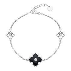 "This beautiful sterling silver black onyx and cubic zirconia flower pendant bracelet is the perfect accessory for just about any occasion. This beautiful sterling silver black onyx and cubic zirconia flower pendant bracelet is the perfect accessory for just about any occasion. Length: 7 in. with 1-in. extender Clasp: lobster-claw Metal: sterling silver Plating: rhodium Finish: polished Packaging: boxedSTONE DETAILS Stone type: cubic zirconia, onyx Total weight: 1 ct. Center stone weight: 1/5 ct Elegant Sterling Silver Flower Bracelets, Elegant Silver Bracelets With Flower Shape, Elegant Silver Bracelets In Flower Shape, Elegant Silver Flower-shaped Bracelets, Elegant Black Bracelets With Diamond Accents, Elegant Onyx Jewelry With Diamond Accents, Black Cubic Zirconia Jewelry With Polished Finish, Elegant Sterling Silver Jewelry With Black Enamel, Elegant White Gold Bracelets With Flower Shape