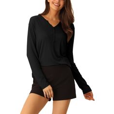 Great for everyday wear, shopping, loungewear, pajamas, pajamas, home bedroom. This women's casual top features a v-neck for a casual style and help you easily put on and off, keeping you looking good and comfortable all day long. Designed in solid color and stretch fabric, it is soft and comfortable, keeping you cozy all night, and helping you enjoy a comfortable sleep and sweet dreams. Whether it's a cozy bedtime, a casual lounging at home, a lazy afternoon, or a cozy bath, soft and lightweigh Black V-neck Sleepwear For Relaxation, Casual V-neck Sleepwear For Lounging, Solid Color V-neck Top For Loungewear, Solid Color V-neck Loungewear Top, Black V-neck Loungewear Top, Relaxed Fit Henley Neckline Tops For Loungewear, Black Top For Lounging In Fall, Black Long Sleeve Sleep Top, Black Long Sleeve Sleepwear For Relaxation