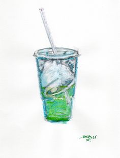 a watercolor drawing of a drink with a straw and ice cubes in it