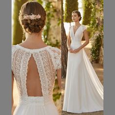 a woman wearing a wedding dress with open back