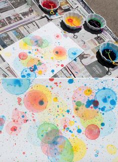 two pictures with different colors on them and one has watercolor paint in it, while the